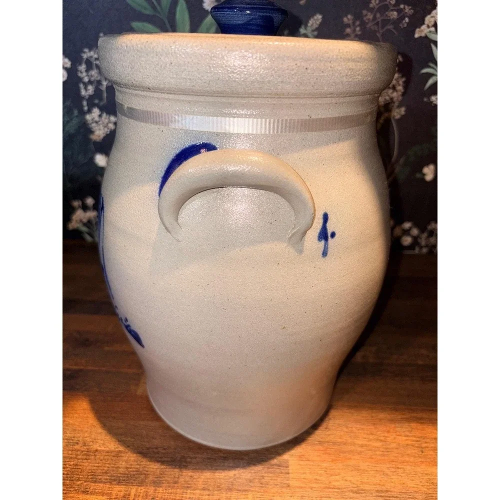 Rowe Pottery Salt Glazed Stoneware Crock Cobalt Blue Cow Lidded Canister